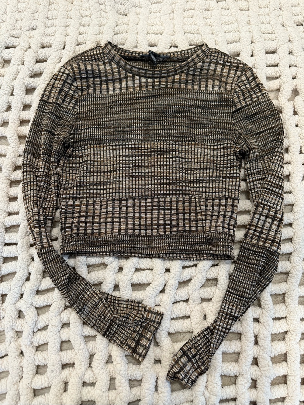 Forever 21 Brown and Cream Ribbed Pattern Crop Top